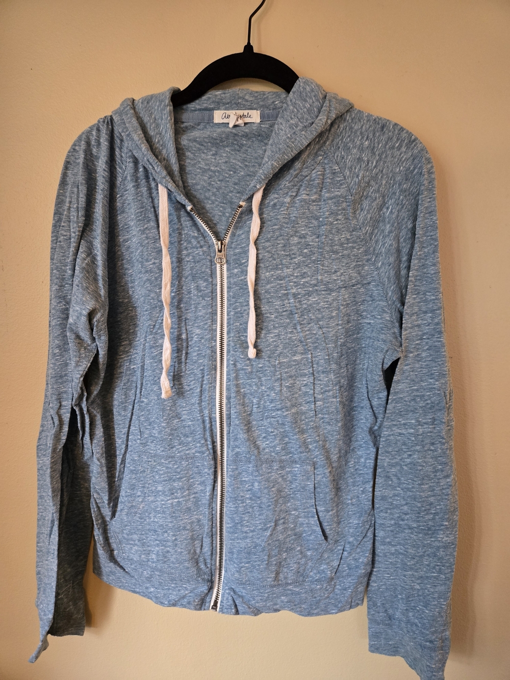 Aeropostale Heathered Sky Blue Zip Hoodie with White Drawstrings
